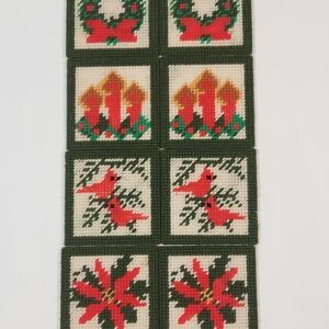 Vintage Set 8 Needlepoint Santa Christmas Drink Coasters Kitschy Tapestry Yarn